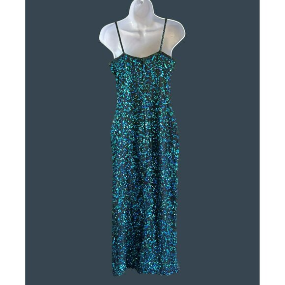 Vintage Scala Blue Green Fully Beaded Silk Evening Gown Medium Prom Y2K Rare - Picture 5 of 12